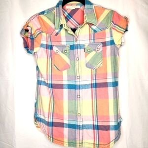 Levi's vintage blouse XS rainbow plaid cowgirl cut pockets snap buttons western